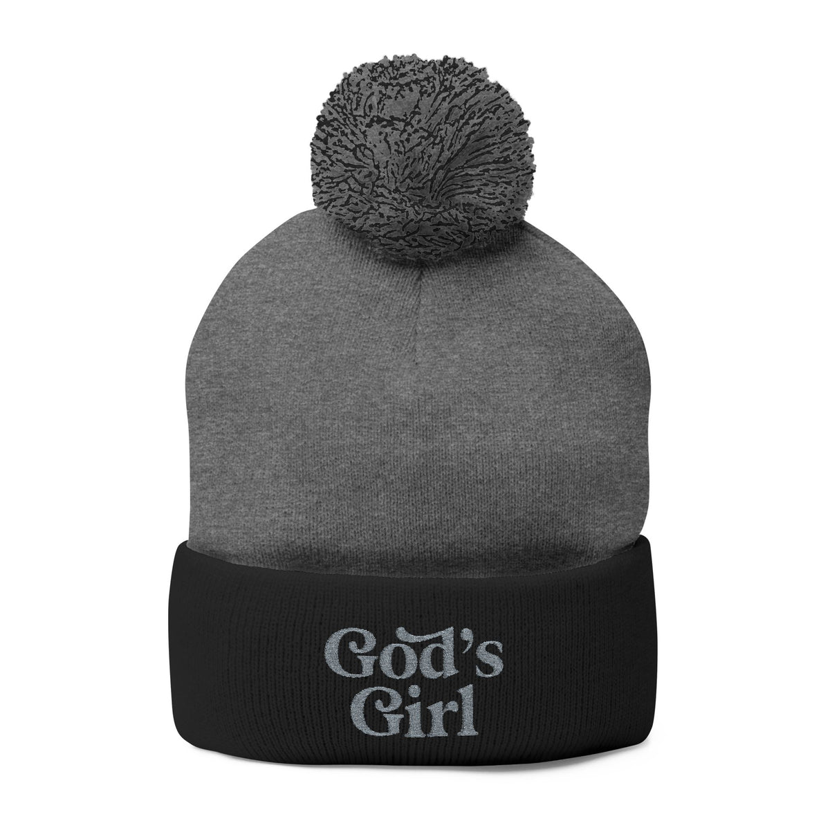 God's Girl Pom-Pom Beanie | Embroidered Knit Cap, Gray or Black