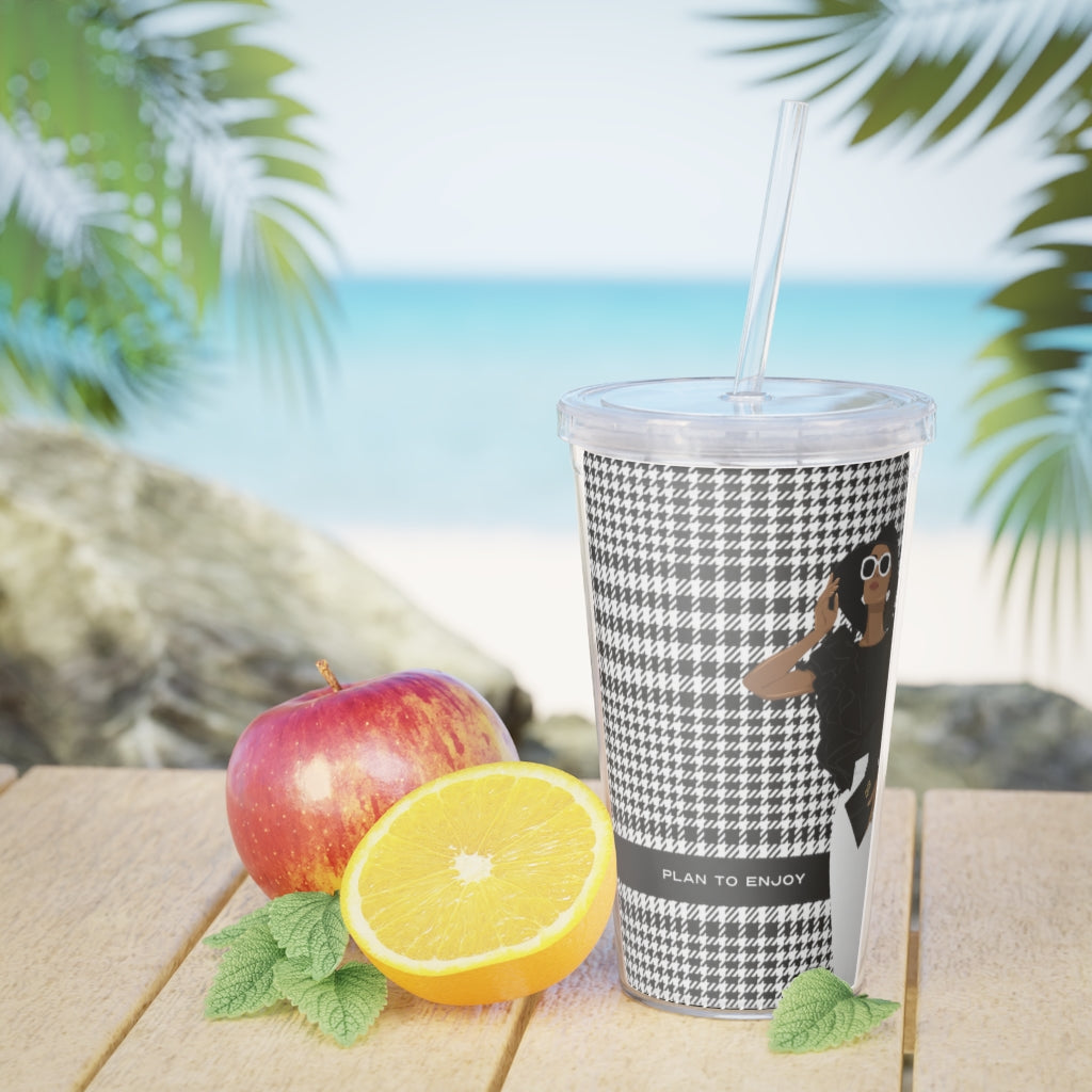 Houndstooth Plastic Tumbler with Straw